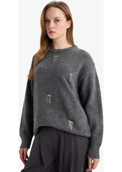 Regular Fit Bisiklet Yaka Taşlı Triko Kazak Tunik F6298AX25WN modelleri