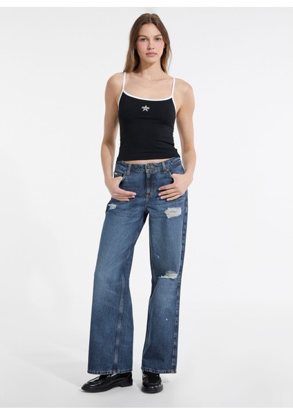 Yüksek Bel Geniş Paça Relaxed Lacivert Kadın Denim Pantolon Guess Jeans Kadın Relaxed Fit Jean