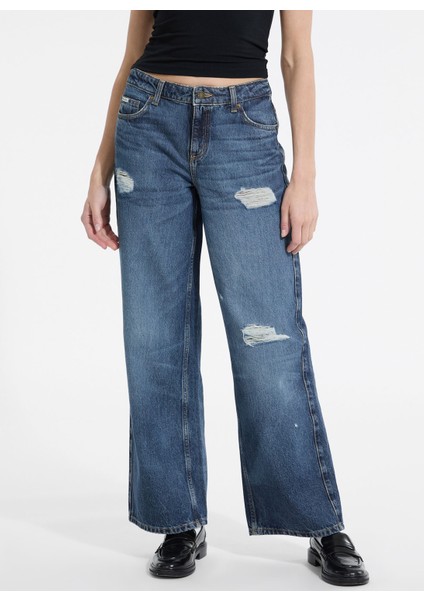Yüksek Bel Geniş Paça Relaxed Lacivert Kadın Denim Pantolon Guess Jeans Kadın Relaxed Fit Jean fiyatları