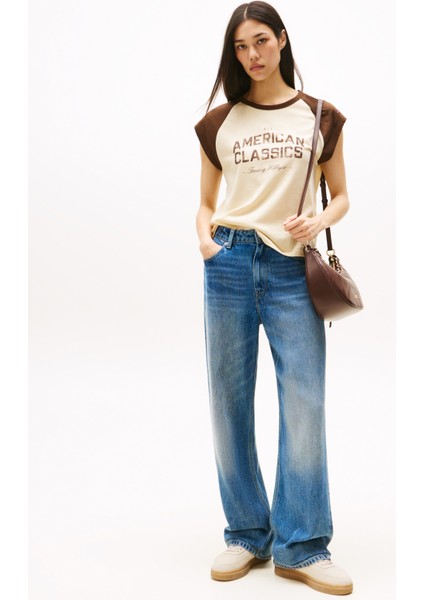 Yüksek Bel Düz Paça Loose Fit Mavi Kadın Denim Pantolon WW0WW471511A5