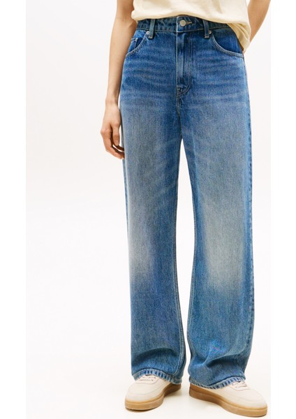 Yüksek Bel Düz Paça Loose Fit Mavi Kadın Denim Pantolon WW0WW471511A5 fiyatları