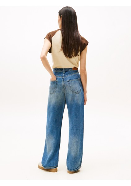 Yüksek Bel Düz Paça Loose Fit Mavi Kadın Denim Pantolon WW0WW471511A5 fırsatları