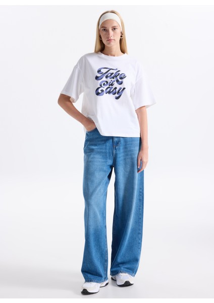 Standart Bel Geniş Paça Rahat Açık Mavi Kadın Denim Pantolon Onlpaulına Hw Baggy Wıde Dnm Cro