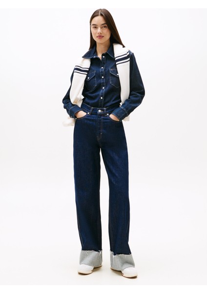 Yüksek Bel Düz Paça Standart Koyu Mavi Kadın Denim Pantolon DW0DW217961BK