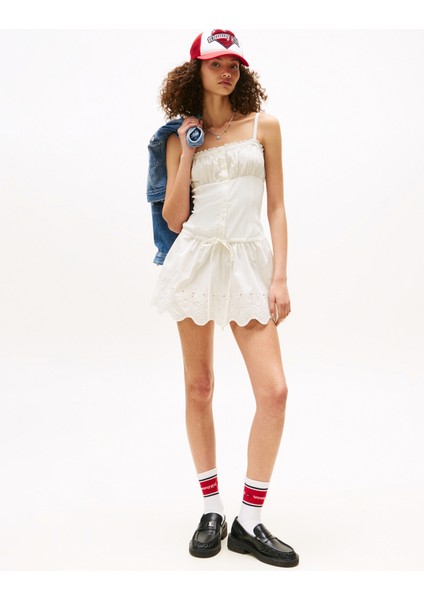 Kare Yaka Düz Ekru Kısa Kadın Elbise DW0DW21125YBL