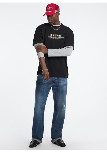 Bisiklet Yaka Baskılı Siyah Erkek T-Shirt M5BI30K8FQ4-JBLK Guess Jeans Erkek