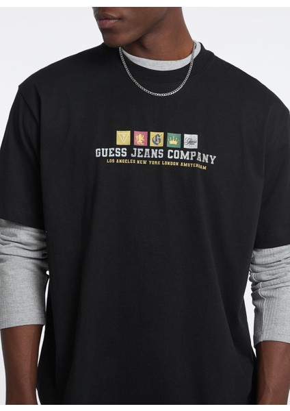 Bisiklet Yaka Baskılı Siyah Erkek T-Shirt M5BI30K8FQ4-JBLK Guess Jeans Erkek modelleri