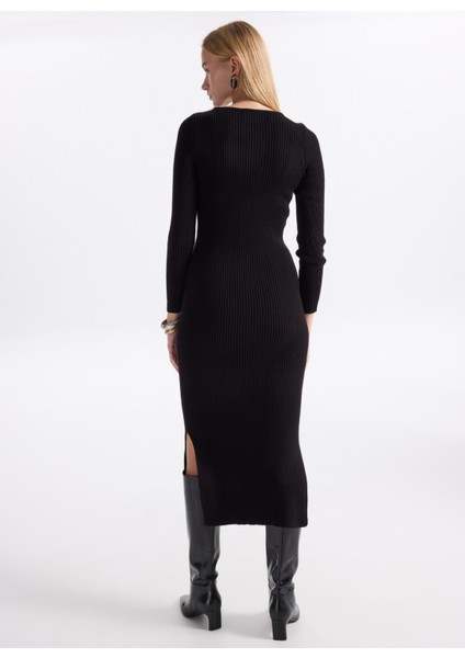 Klasik Yaka Düz Siyah Uzun Elbise Onlkatıa Ls Maxı Boatn Dress cc Knt