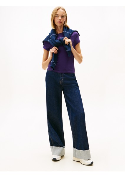Yuvarlak Yaka Baskılı Mor Kadın T-Shirt DW0DW21550VLY