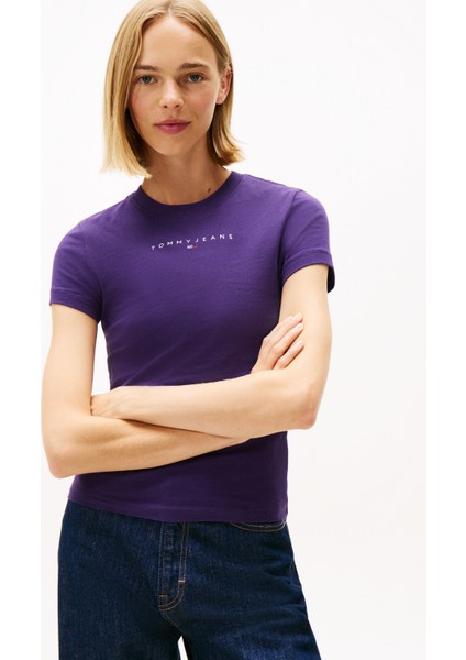 Yuvarlak Yaka Baskılı Mor Kadın T-Shirt DW0DW21550VLY fiyatları