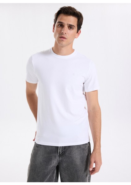 Bisiklet Yaka Beyaz Erkek T-Shirt LV04LC240GYAF_SS Slım Stretch Cotto
