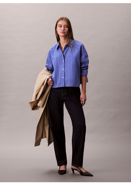 Standart Gömlek Yaka Çizgili Mavi Kadın Gömlek LV047C118GXNS