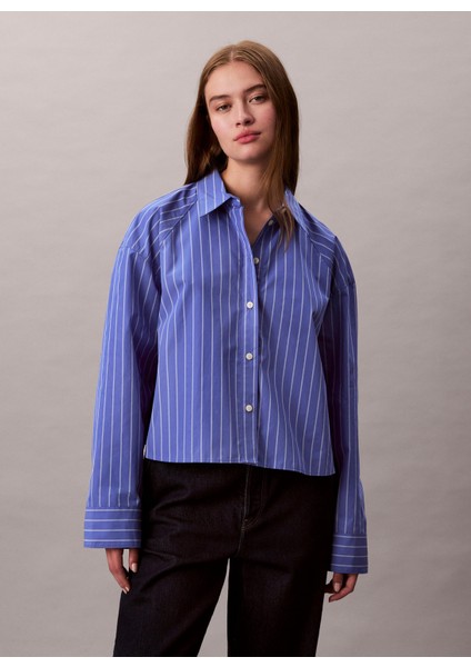 Standart Gömlek Yaka Çizgili Mavi Kadın Gömlek LV047C118GXNS fiyatları