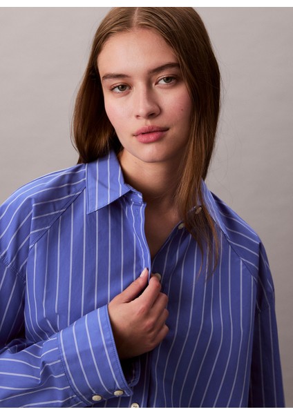 Standart Gömlek Yaka Çizgili Mavi Kadın Gömlek LV047C118GXNS modelleri