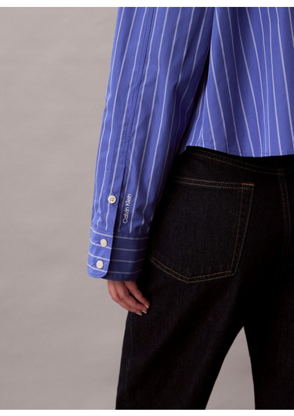 Standart Gömlek Yaka Çizgili Mavi Kadın Gömlek LV047C118GXNS fırsatları