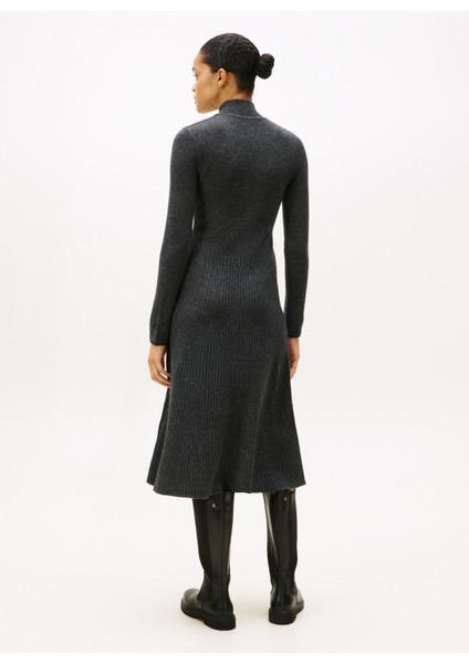 Dik Yaka Düz Gri Uzun Kadın Elbise WW0WW47303P4E fırsatları