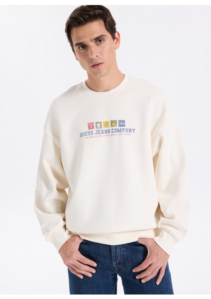 Bisiklet Yaka Ekru Erkek Sweatshırt M5BQ23K9V31-G054 Guess Jeans Erkek