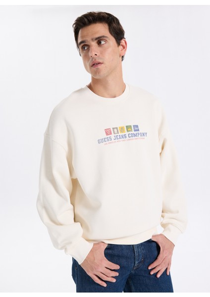 Bisiklet Yaka Ekru Erkek Sweatshırt M5BQ23K9V31-G054 Guess Jeans Erkek modelleri