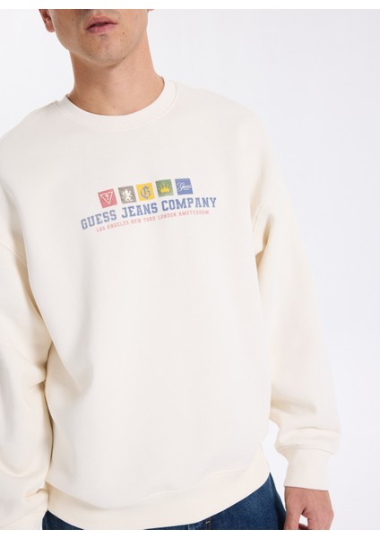 Bisiklet Yaka Ekru Erkek Sweatshırt M5BQ23K9V31-G054 Guess Jeans Erkek fırsatları