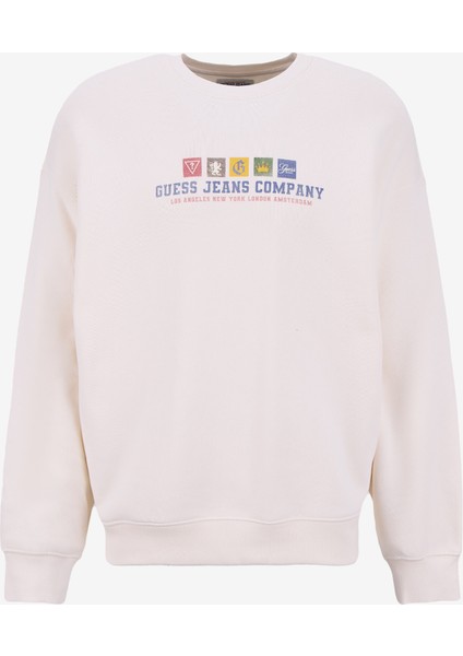 Bisiklet Yaka Ekru Erkek Sweatshırt M5BQ23K9V31-G054 Guess Jeans Erkek
