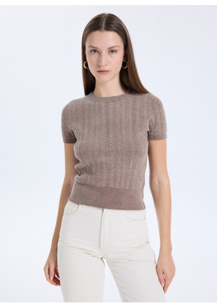 Yuvarlak Yaka Düz Kahve Kadın T-Shirt Chenille Kadın Triko