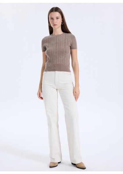 Yuvarlak Yaka Düz Kahve Kadın T-Shirt Chenille Kadın Triko fiyatları