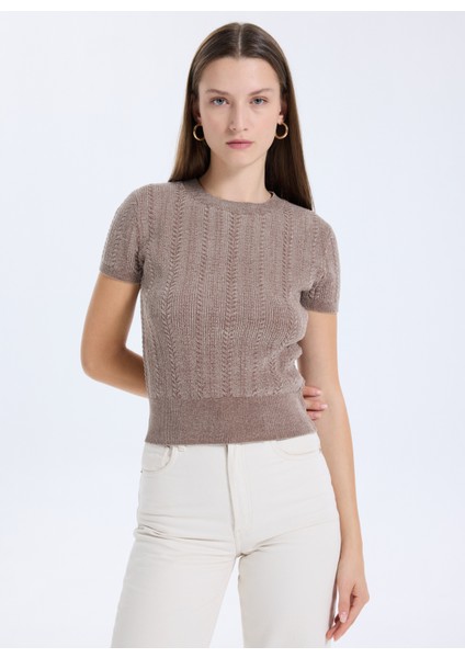 Yuvarlak Yaka Düz Kahve Kadın T-Shirt Chenille Kadın Triko modelleri