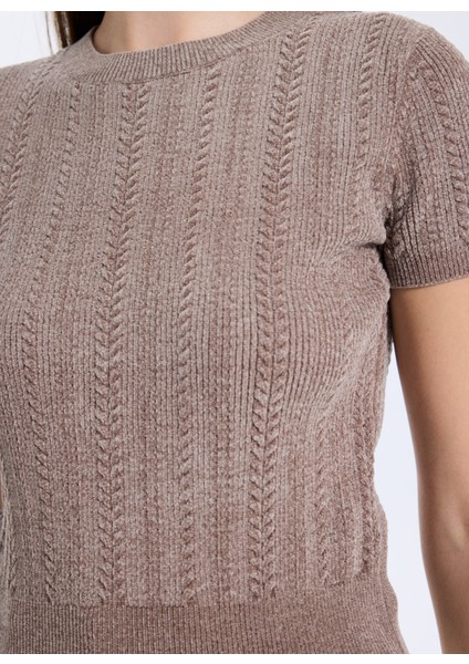 Yuvarlak Yaka Düz Kahve Kadın T-Shirt Chenille Kadın Triko fırsatları