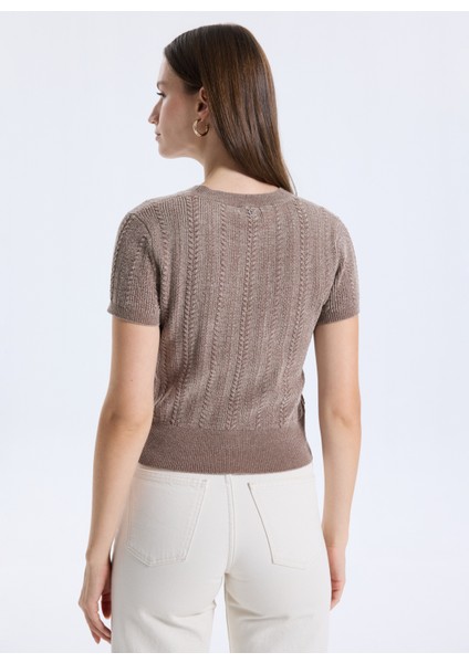 Yuvarlak Yaka Düz Kahve Kadın T-Shirt Chenille Kadın Triko indirimleri