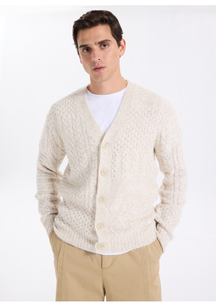 Düz Ekru Erkek Hırka M5BR15Z0462-LOH Jeffry Erkek Yün Ka