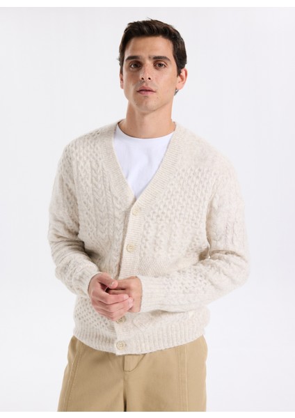 Düz Ekru Erkek Hırka M5BR15Z0462-LOH Jeffry Erkek Yün Ka modelleri