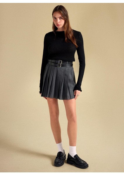 Yüksek Bel Antrasit Kadın Piliseli Mini Etek PBF5WL-ETK5106