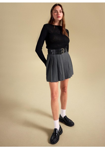 Yüksek Bel Antrasit Kadın Piliseli Mini Etek PBF5WL-ETK5106 indirimleri
