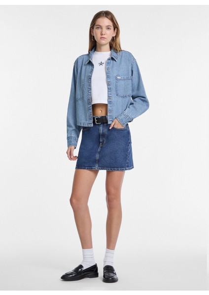 Standart Gömlek Yaka Eskitme Mavi Kadın Gömlek Guess Jeans Kadın Denim Gömlek