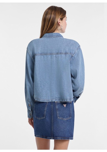 Standart Gömlek Yaka Eskitme Mavi Kadın Gömlek Guess Jeans Kadın Denim Gömlek fırsatları