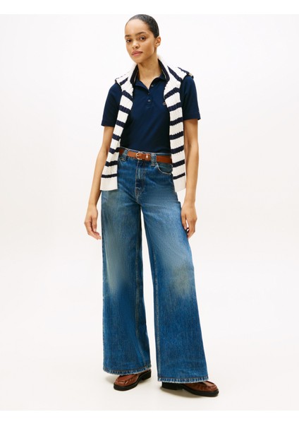 Işlemeli Mavi Kadın Polo T-Shirt