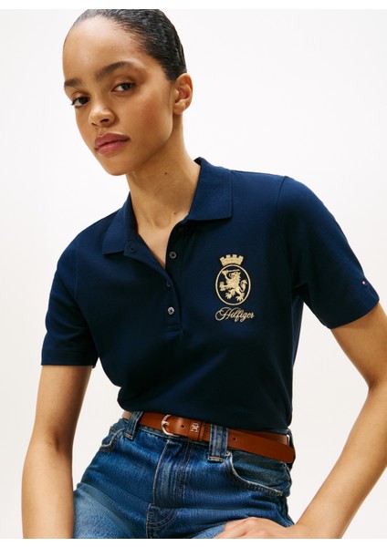 Işlemeli Mavi Kadın Polo T-Shirt modelleri