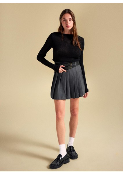 Yüksek Bel Antrasit Kadın Piliseli Mini Etek PBF5WL-ETK5106 fiyatları