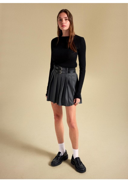 Yüksek Bel Antrasit Kadın Piliseli Mini Etek PBF5WL-ETK5106 fırsatları