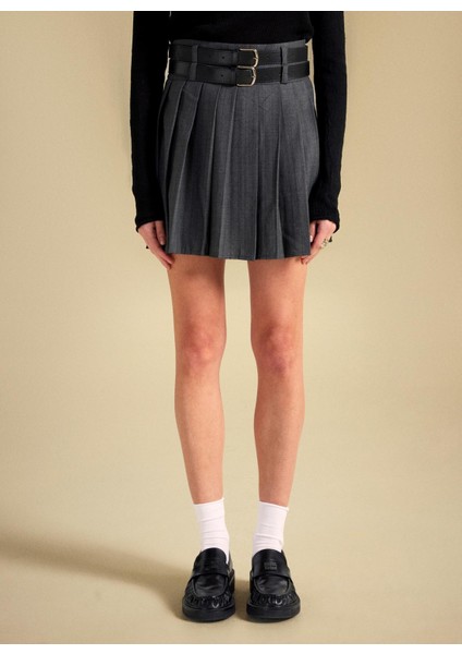 Yüksek Bel Antrasit Kadın Piliseli Mini Etek PBF5WL-ETK5106