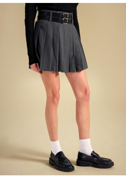 Yüksek Bel Antrasit Kadın Piliseli Mini Etek PBF5WL-ETK5106