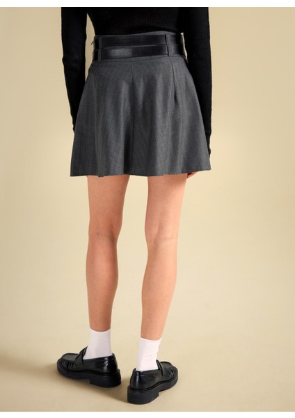 Yüksek Bel Antrasit Kadın Piliseli Mini Etek PBF5WL-ETK5106