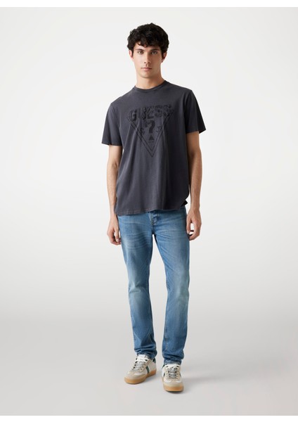 Bisiklet Yaka Baskılı Siyah Erkek T-Shirt M5YI42KBW41-JTMU Embroid Erkek Regu