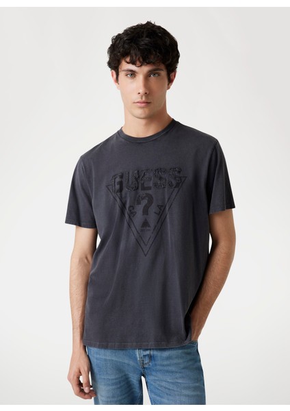 Bisiklet Yaka Baskılı Siyah Erkek T-Shirt M5YI42KBW41-JTMU Embroid Erkek Regu modelleri