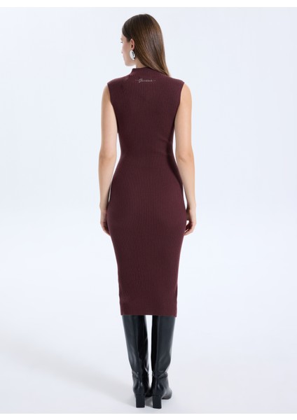 Dik Yaka Düz Kahve Standart Kadın Elbise Julia Kadın Ipek Kaşmir Karışımlı T