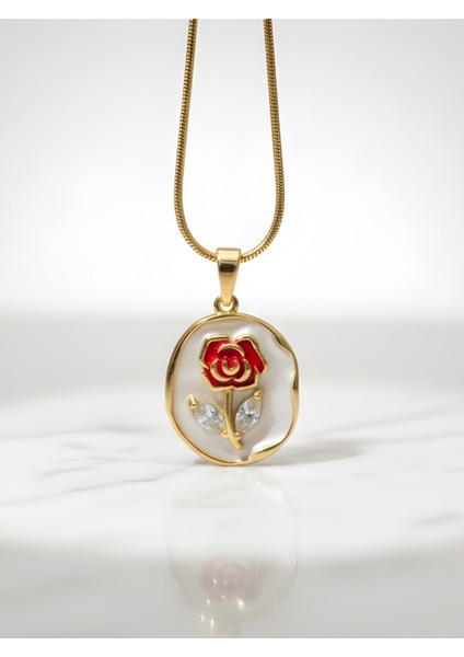 Vintage Gül Motifli Çelik Kolye