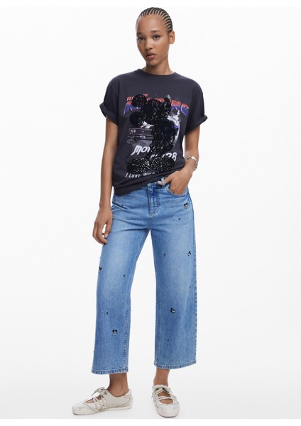 Yuvarlak Yaka Baskılı Siyah Kadın T-Shirt 25WWTK56