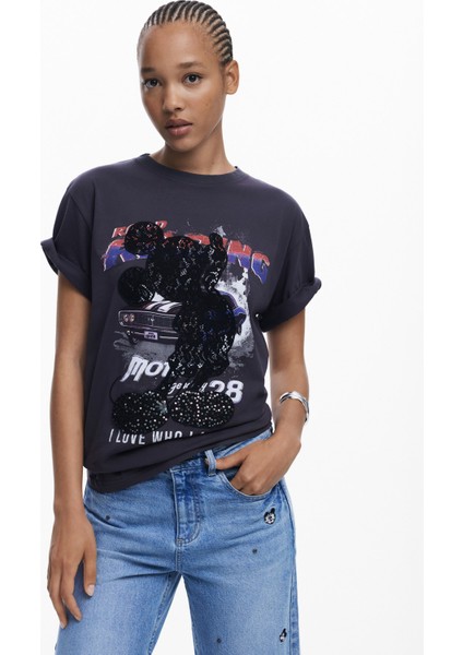 Yuvarlak Yaka Baskılı Siyah Kadın T-Shirt 25WWTK56 fiyatları