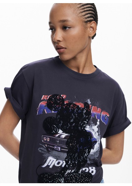 Yuvarlak Yaka Baskılı Siyah Kadın T-Shirt 25WWTK56 modelleri