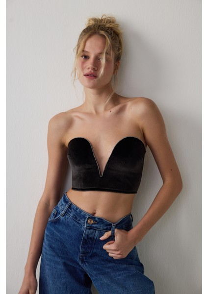 Siyah Deep V Velvet Büstiyer
